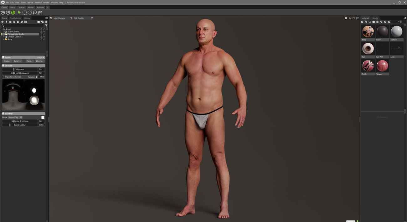 Marmoset Toolbag real-time render of a stocky male full body 3D scan with PBR shading and studio lighting